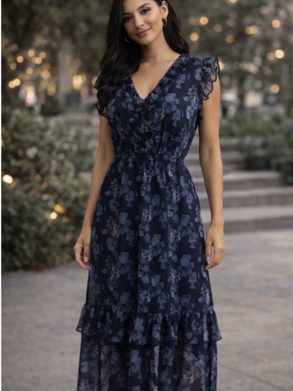 Banana Republic Navy Floral Ruffle Maxi Dress